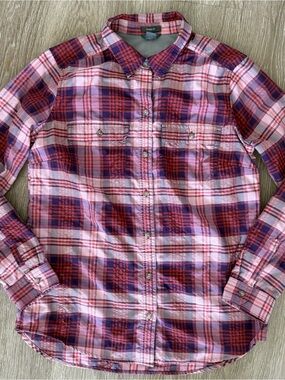 Eddie Bauer purple plaid outdoor button up shirt sz M